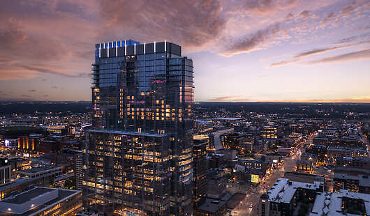 Four Seasons Hotel Minneapolis stands at the corner of Hennepin and Washington Avenues