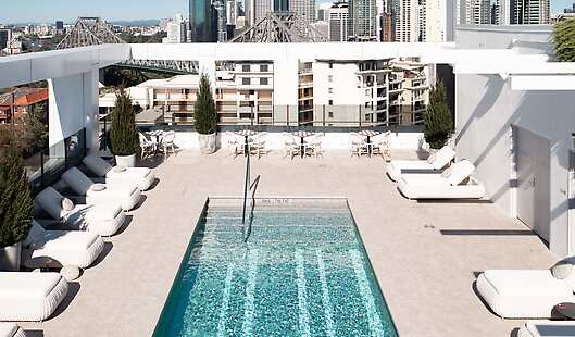 Hotel X Fortitude Valley rooftop pool, aerial view.