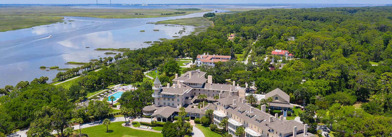 aerial view of the resort along the intercoastal waterway. 