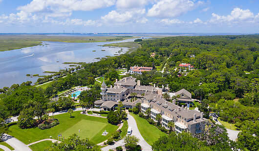 aerial view of the resort along the intercoastal waterway. 