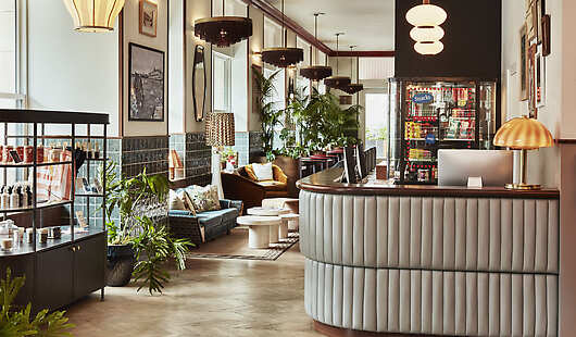 The Hoxton, Downtown LA hotel lobby and reception desk during the day