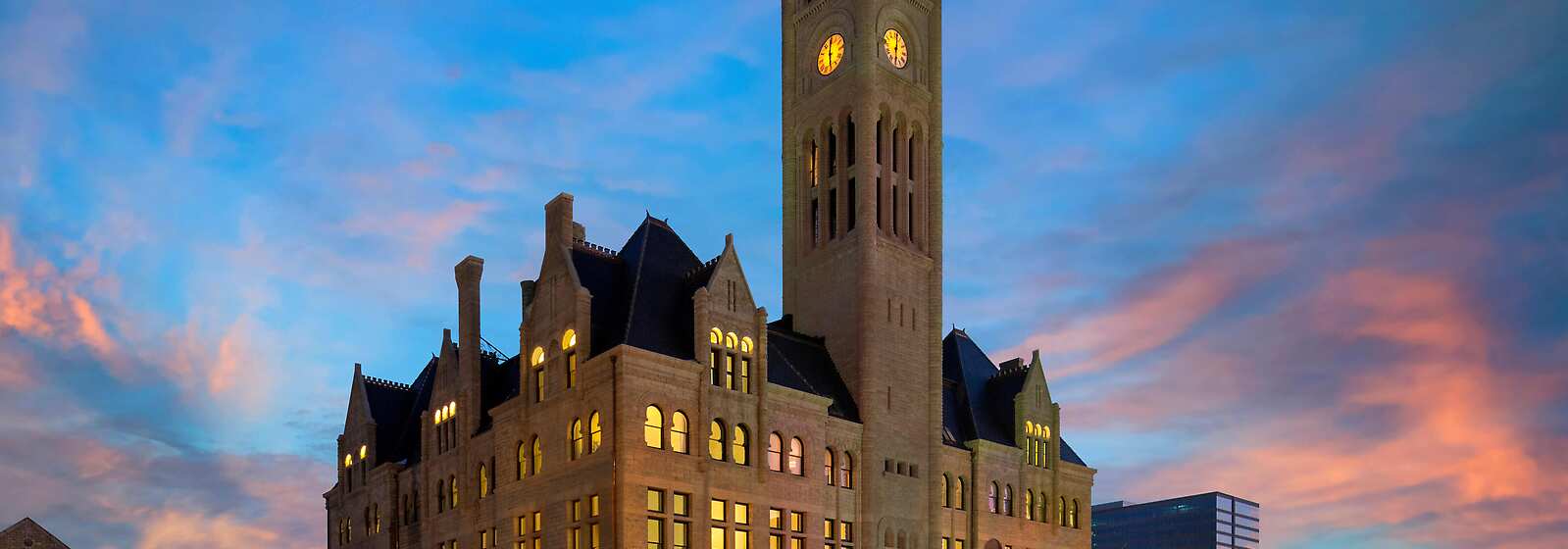 The Union Station Nashville Yards Hotel at night