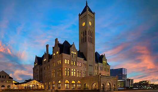 The Union Station Nashville Yards Hotel at night