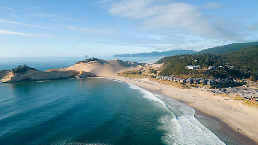 Aerial View of Oceanfront Headlands Coastal Lodge & Spa with Cape Kiwanda, Dune, and Pacific City Beach