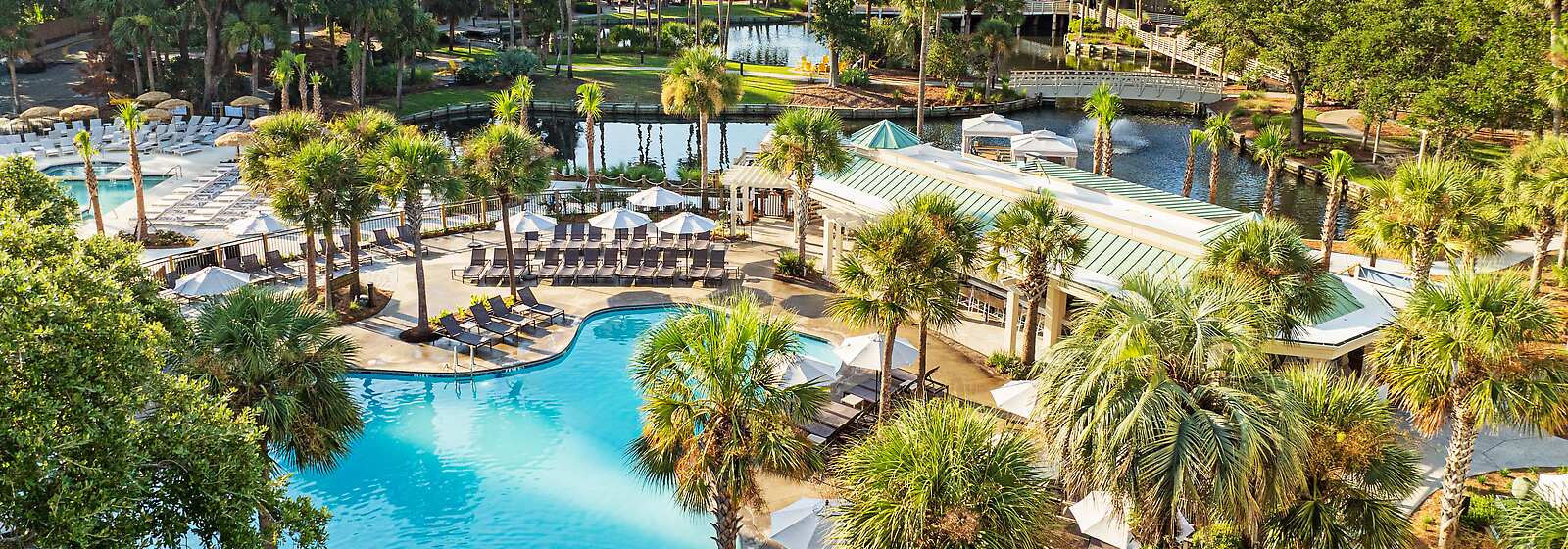 Aerial View of Sonesta Hilton Head Palms, Lagoons, Pools and Walking Paths