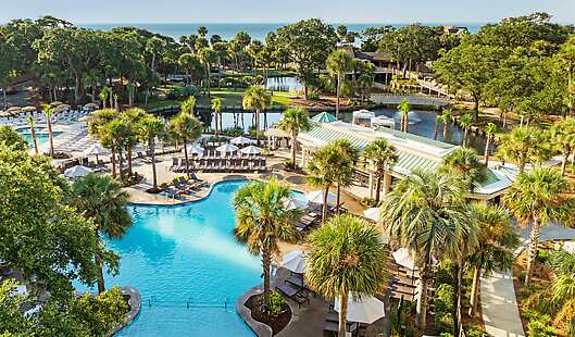Aerial View of Sonesta Hilton Head Palms, Lagoons, Pools and Walking Paths