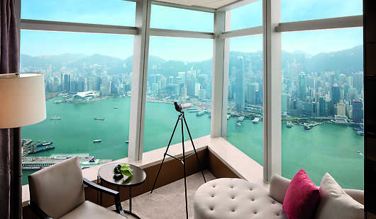 Panoramic view of the city from Deluxe Victoria Harbour Suite