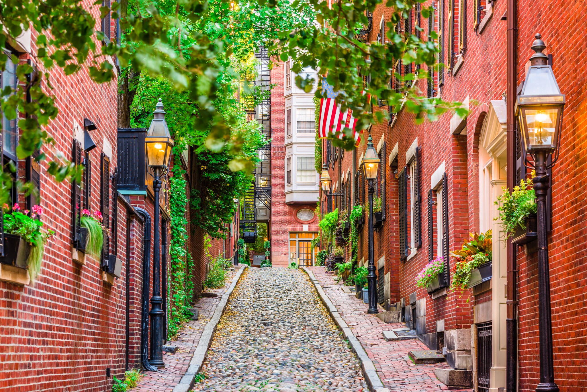 View down Acorn Street, a narrow passage with cobblestoned streets, red brick houses, and climbing ivy, and bright green window planters.