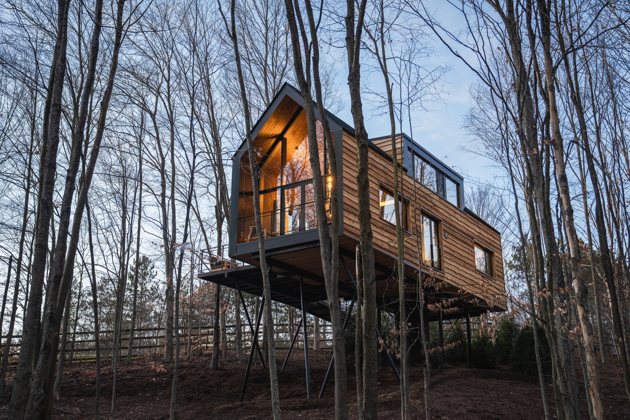 View from below of a treehouse 15 feet up, with horizontal wood panel siding, iron grid balconies, and a glass wall on the smaller near end.