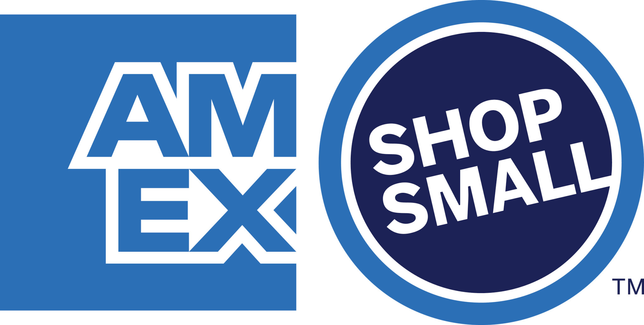 The square American Express logo next to the round Shop Small logo, both rendered in blue and white.