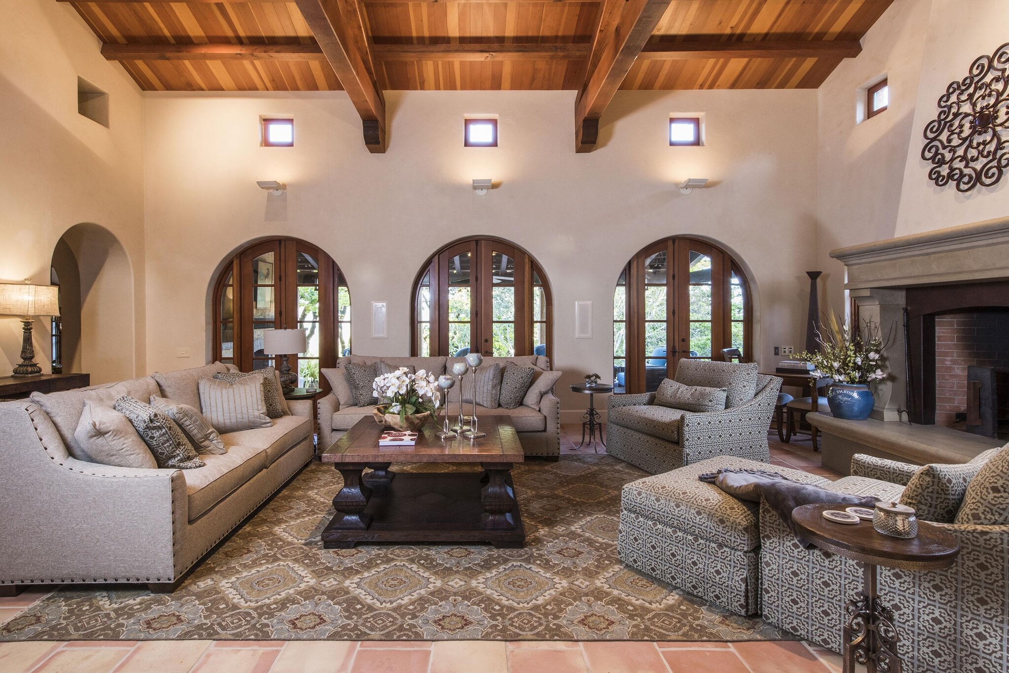 Interior of living room of Spanish-style ranch house.