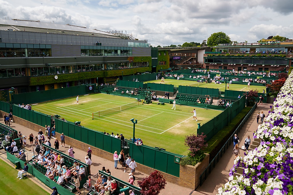 From above the stands, several of Wimbledon’s tennis courts are visible, with dark green seats and boxes of flowers surrounding them.
