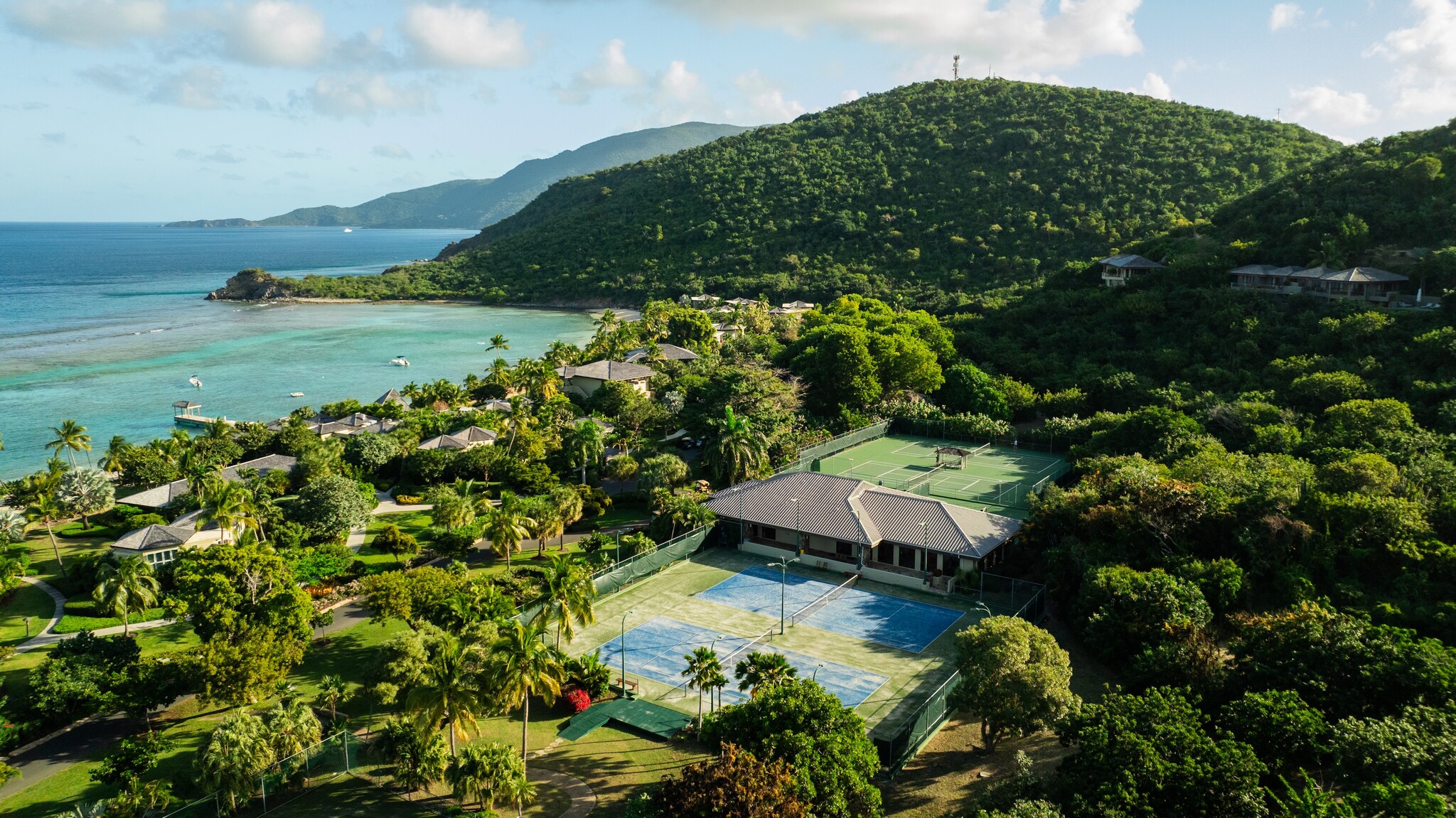 Aerial view of the hotel tennis courts, which are surrounded by palm trees. Beyond, the sea and forested hills stretch into the distance.