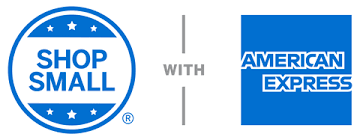 The square American Express logo next to the round Shop Small logo, both rendered in blue and white.