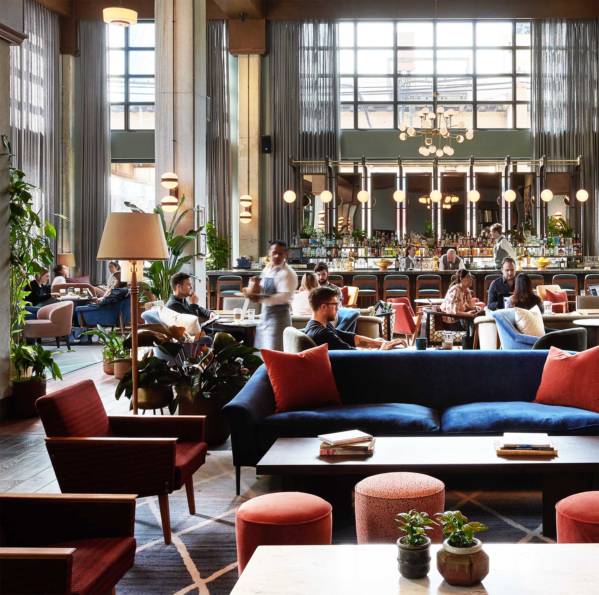 Cira Mediterranean restaurant is airy, with high ceilings and velvet couches and chairs for seating. A bar on the far wall is well-stocked.