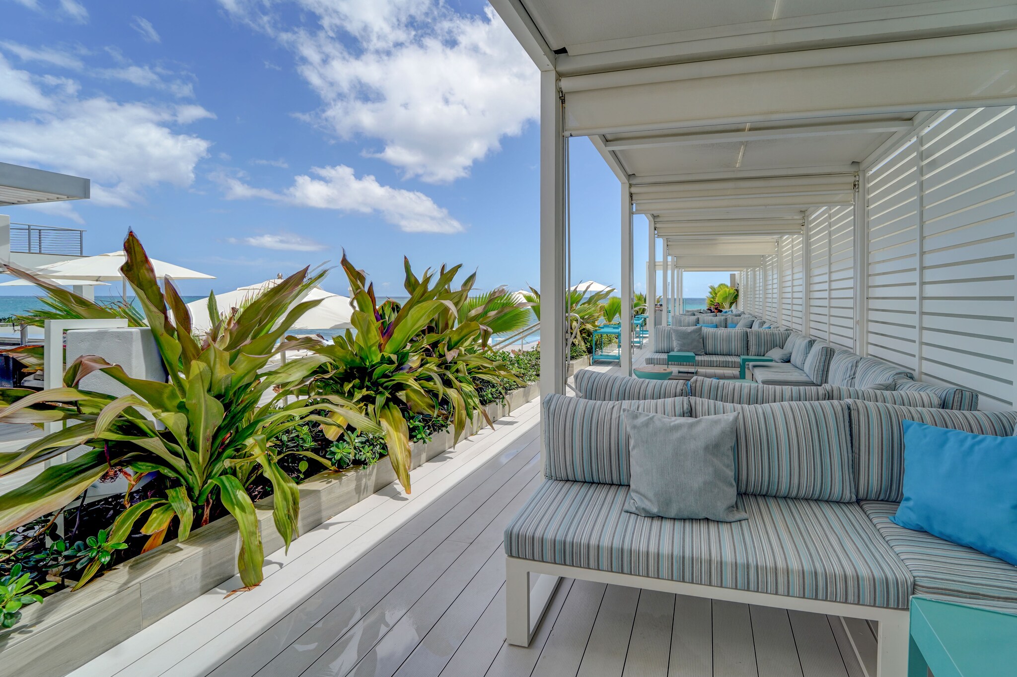 On a long white wooden deck at Condado Beach Club, blue-striped couches form booths and lush potted plants line the walkway.