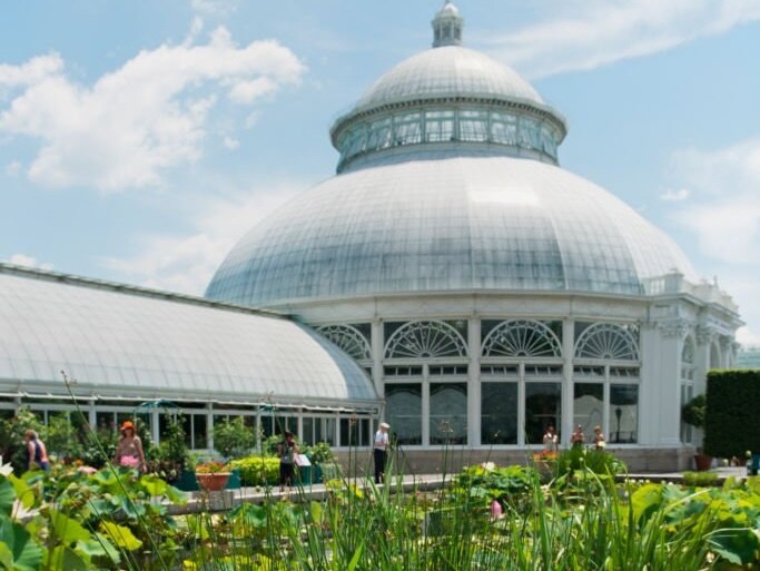 The New York Botanical Garden includes a domed glass building with a glassed-off corridor. Outside, the surrounding greenery is thriving.