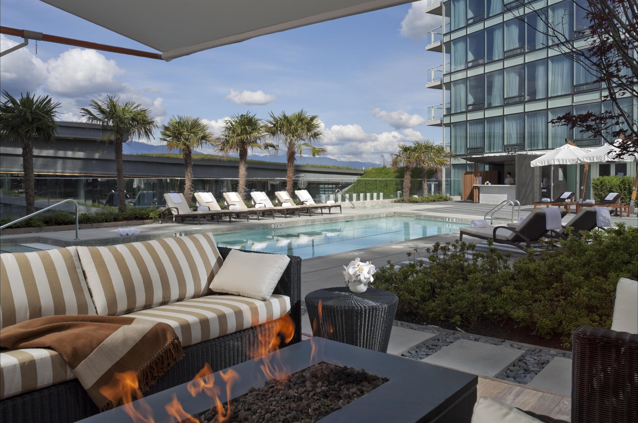 The rooftop pool is lined with lounge chairs and palm trees. In the foreground, a wicker couch is situated next to a rectangular fire pit.
