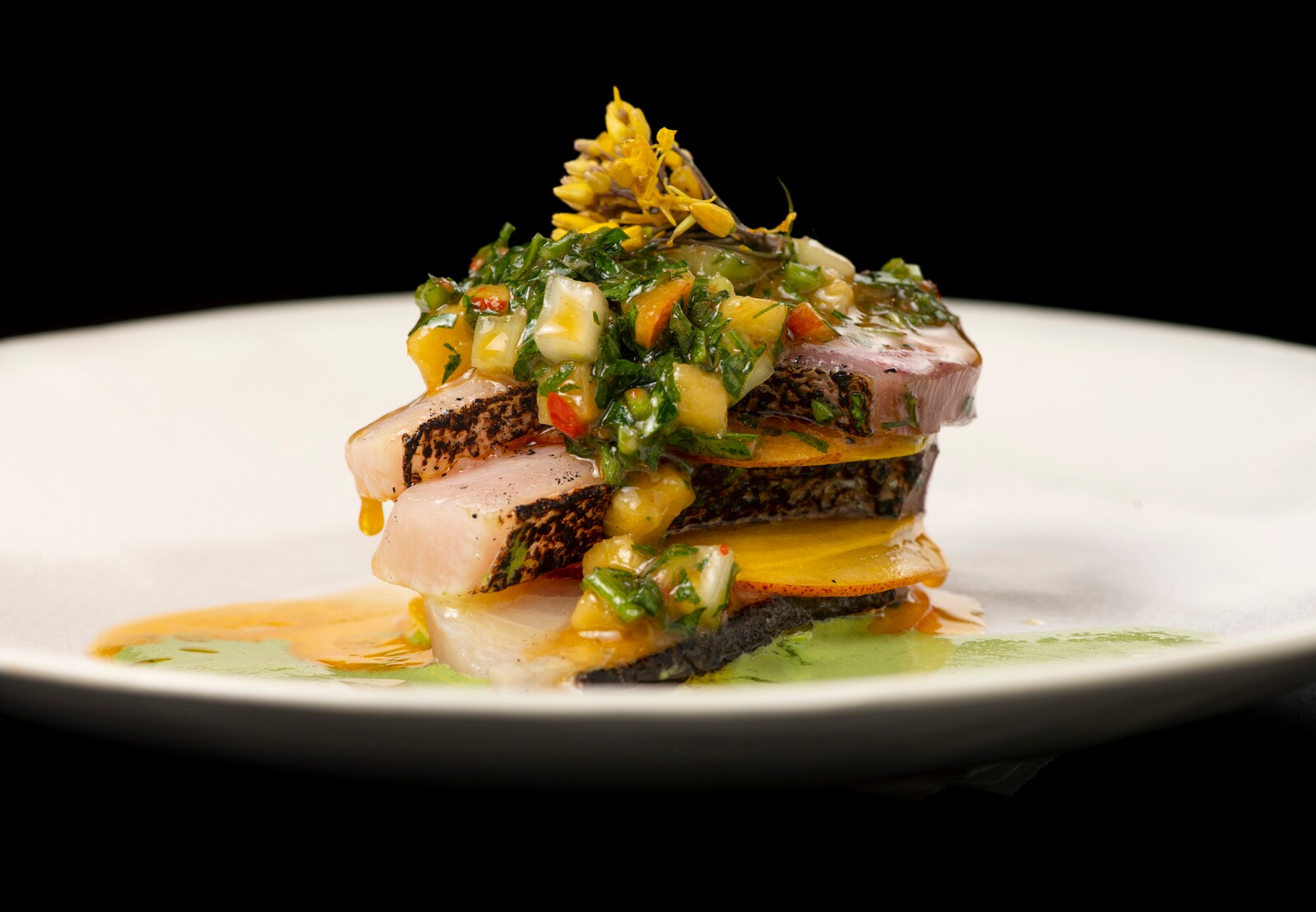 Side view of a stack of thinly-sliced fish and vegetables, topped with a drizzle of heavily herbed sauce.