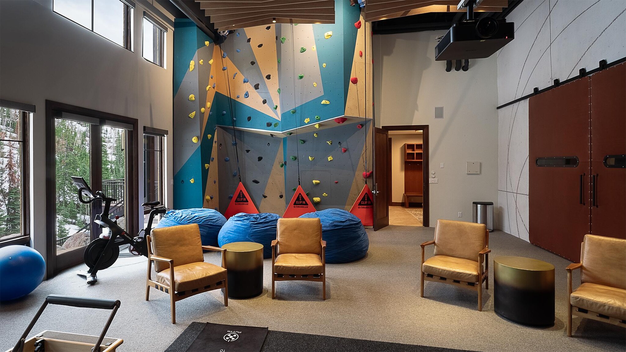 Interior of recreation room featuring home fitness equipment and climbing wall.