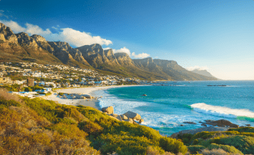 View over beach shrubs towards the curving shoreline at Camps Bay. Houses dot the hillside sloping up from the water to mountains.