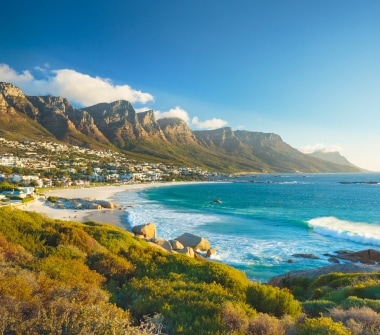 View over beach shrubs towards the curving shoreline at Camps Bay. Houses dot the hillside sloping up from the water to mountains.
