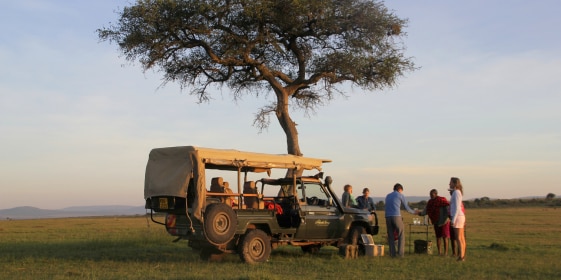A rugged off-road vehicle is parked under a tree on a savannah at sunset. Vacationers consult with tour guides.