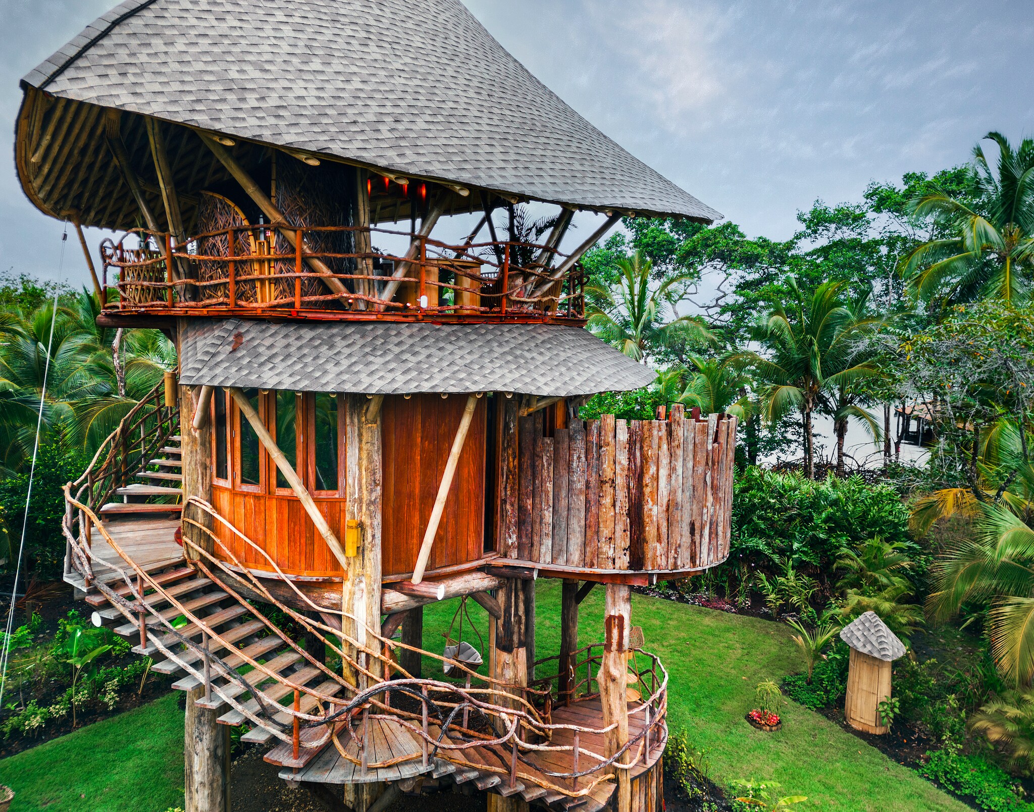 Tree house encircled with spiral staircase