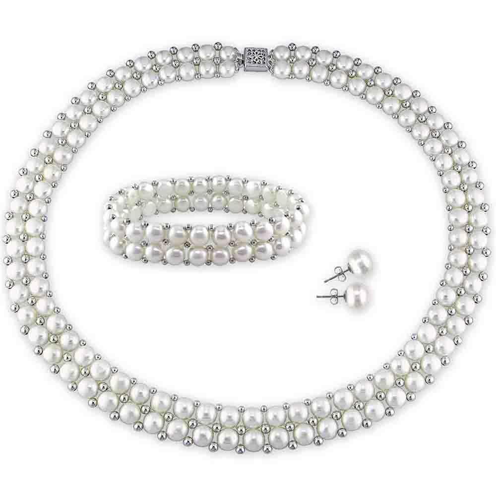 Ensemble de collier, bracelet et boucles d’oreilles avec perles d’eau douce blanches de Delmar Jewelry (argent)