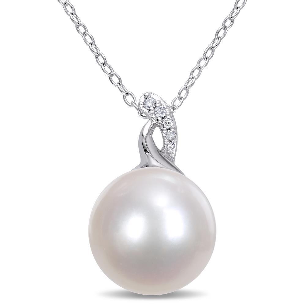 Pendentif avec perle d’eau douce blanche de 12 à 12,5 mm et diamant de Delmar Jewelry (argent)