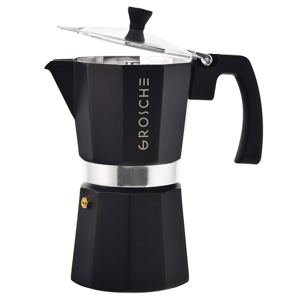 Machine à espresso pour la cuisinière de 6 tasses Milano de Grosche (Noir) avec un ensemble de 2 tasses à espresso à double paroi Turin de 70 ml, 2 oz liq.