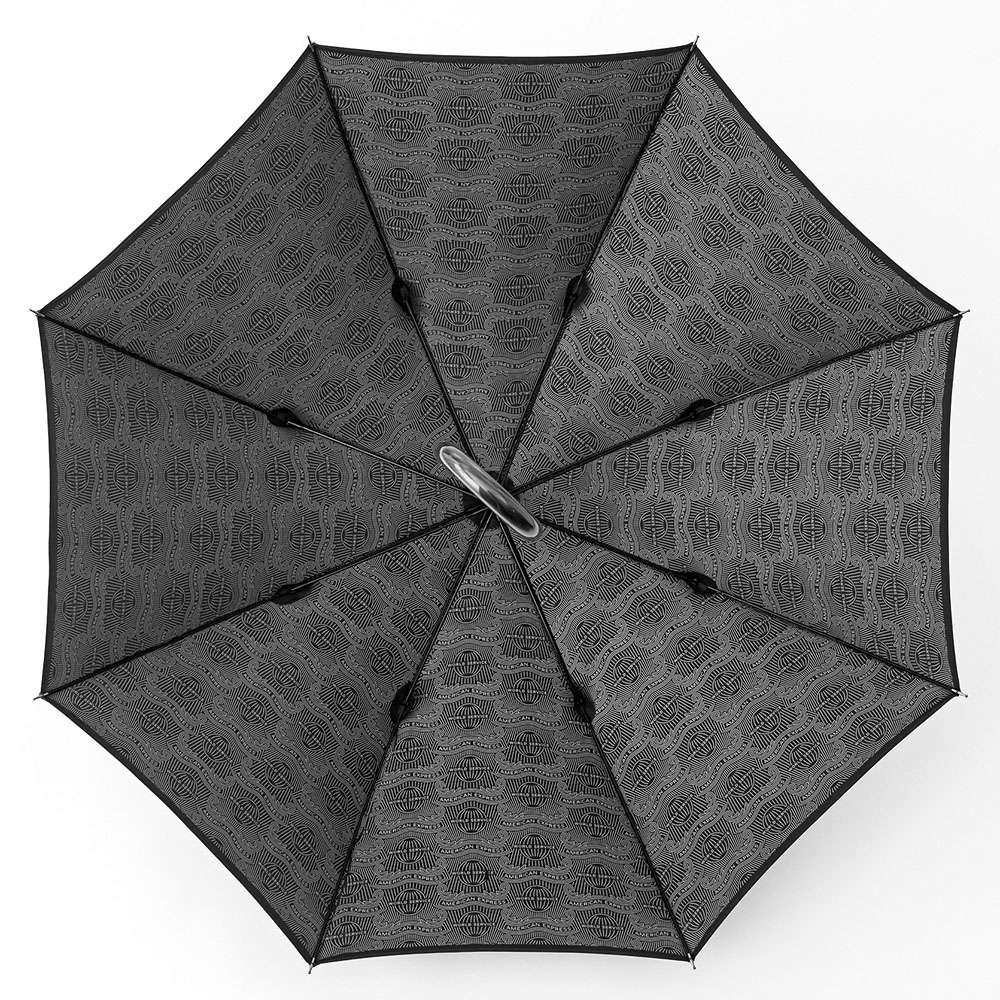 アメックスロゴを裏側全体にプリントしたオリジナル雨長傘。ポイントとして縁に別色のパイピングを施しています。