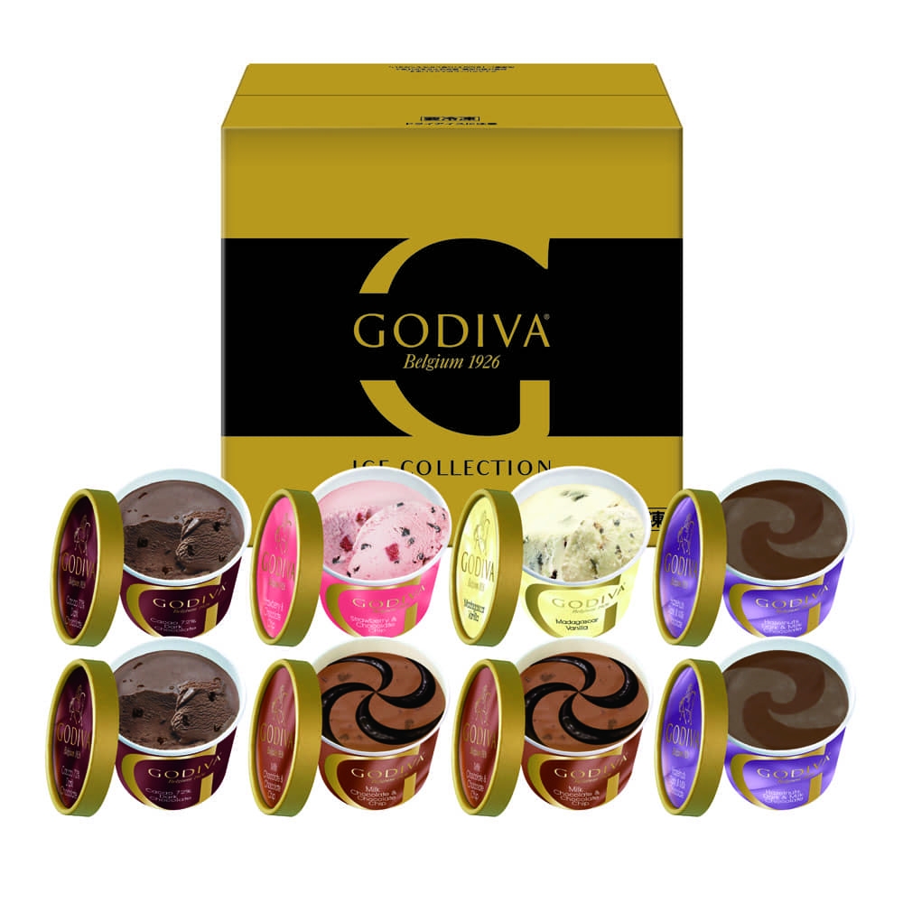 ゴディバがお届けするチョコレートを楽しむアイスクリームセット。定番カップアイス5種のフレーバー8個をバラエティ豊かに詰め合わせました。