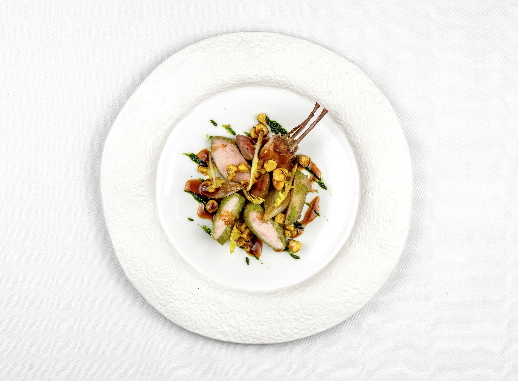 View from above a plate of roasted guinea fowl, encrusted with herbs and with a few slender bones sticking off to the side.