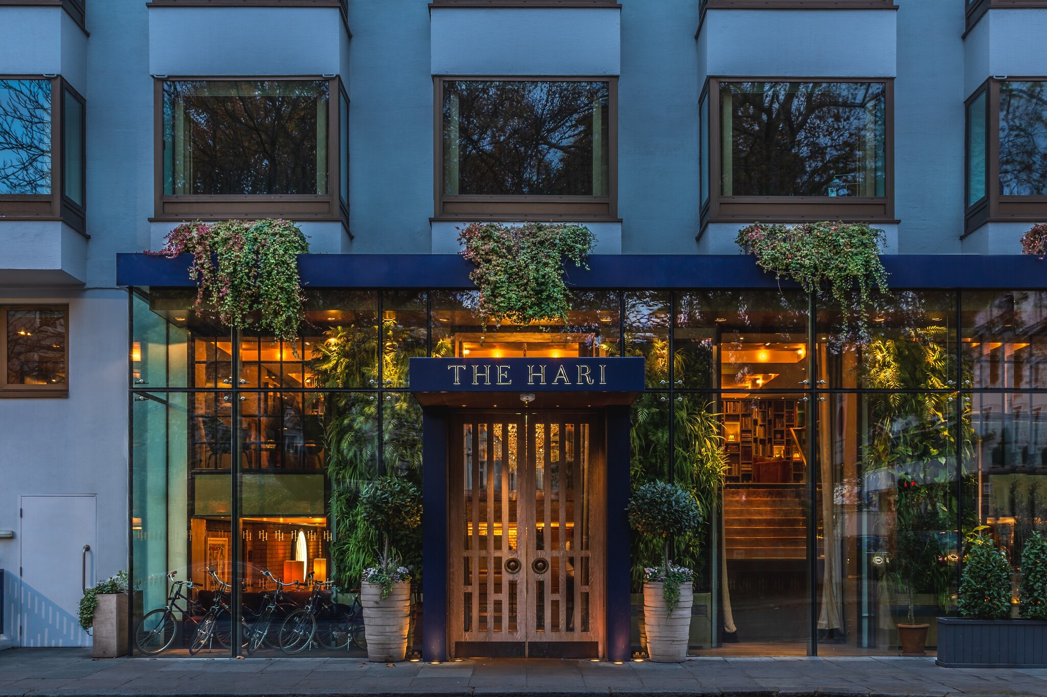 The exterior of the hotel features vines and potted plants, with bikes parked in front of tall glass walls, through which warm light spills.